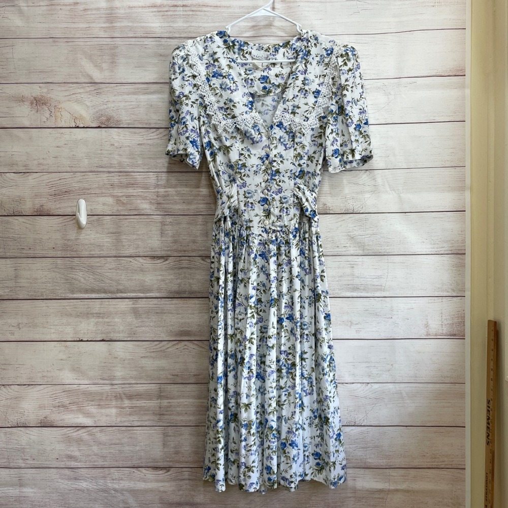 VINTAGE JUST MAGGIE BLUE FLORAL MAXI DRESS WITH LACE COLLAR